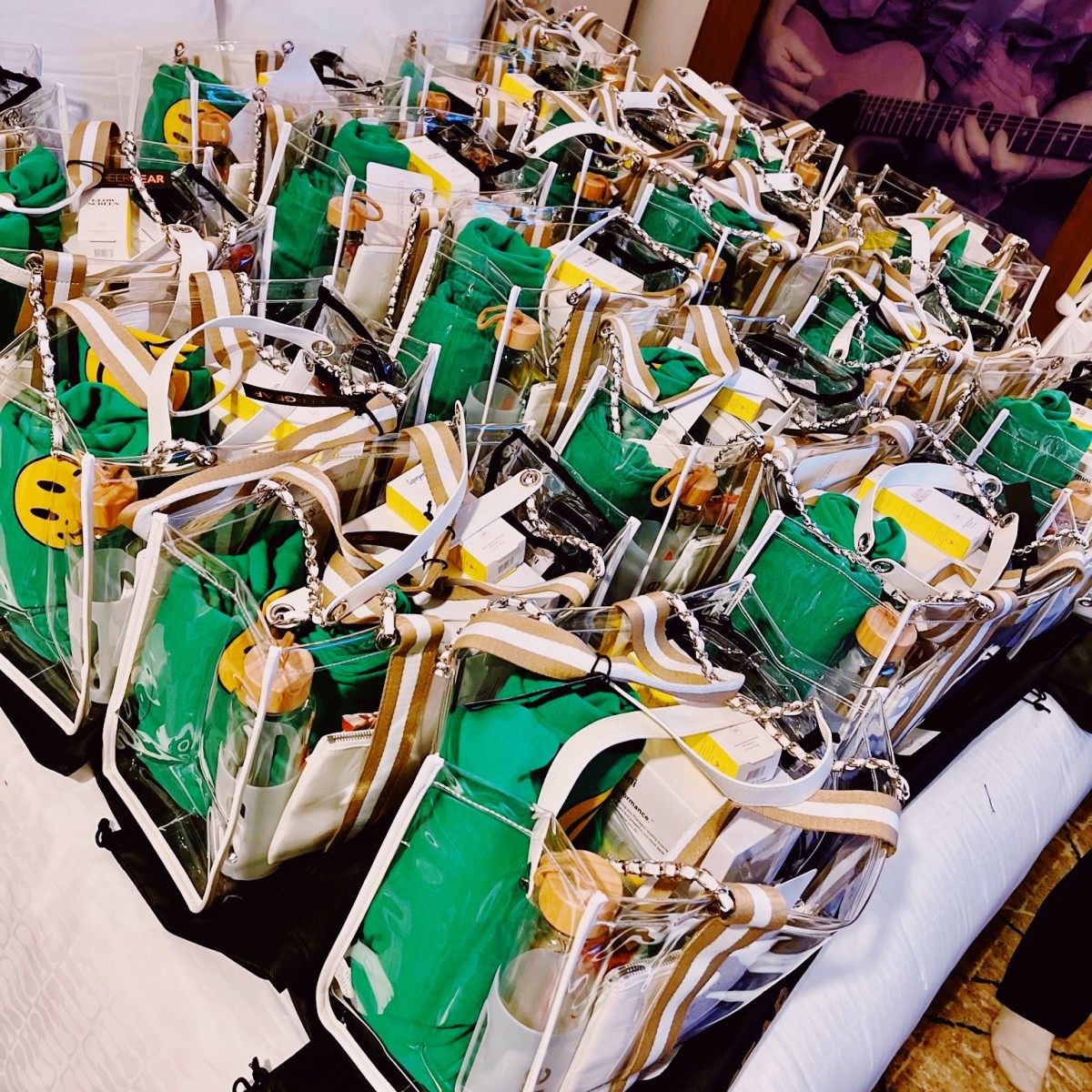 Rows of gift bags housed in Sheergear totes prepped for SI Swimsuit 2022 models. 